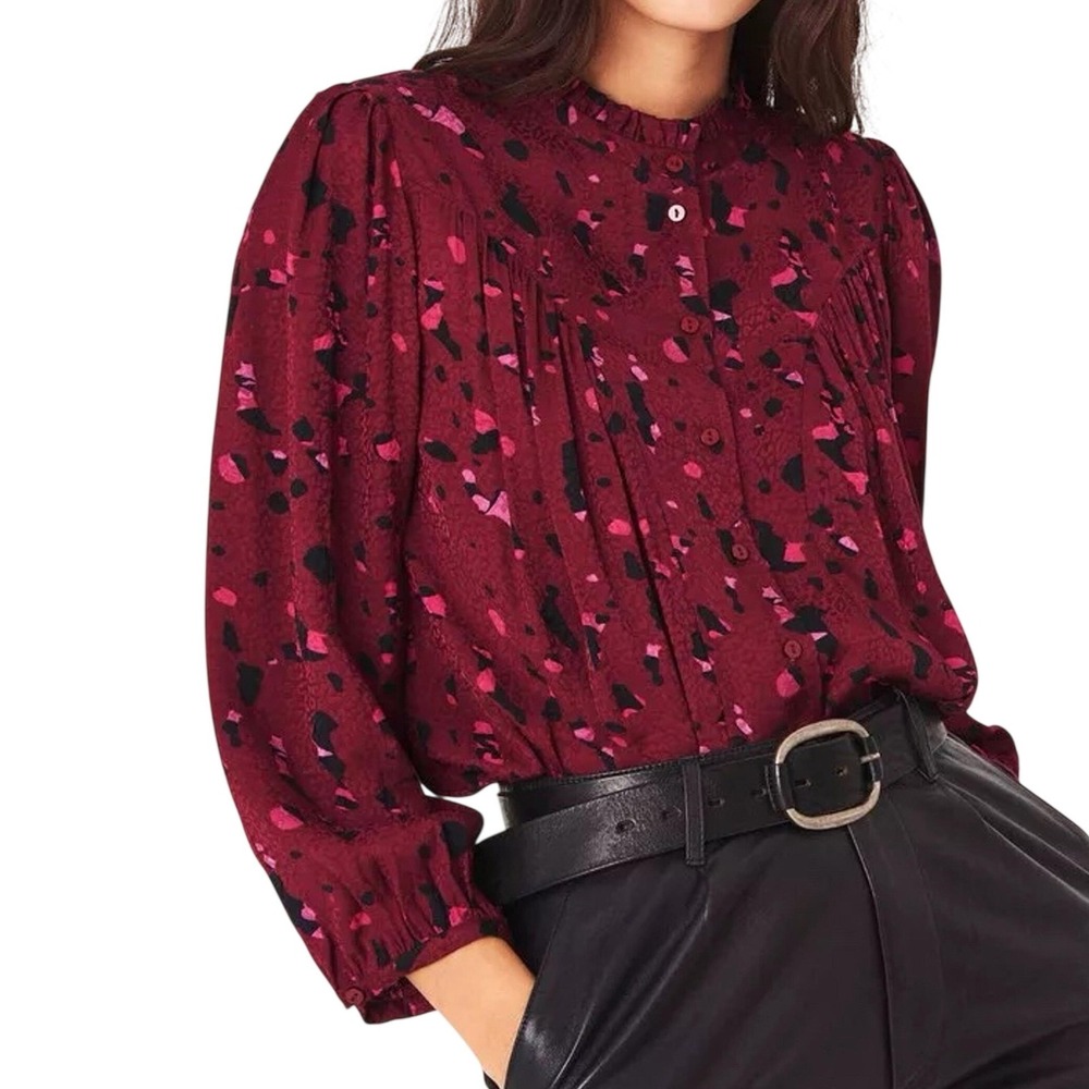 ba&sh Tonka Blouse Bordeaux Abstract Jacquard Red Size X Small NWT $264 - Picture 1 of 7